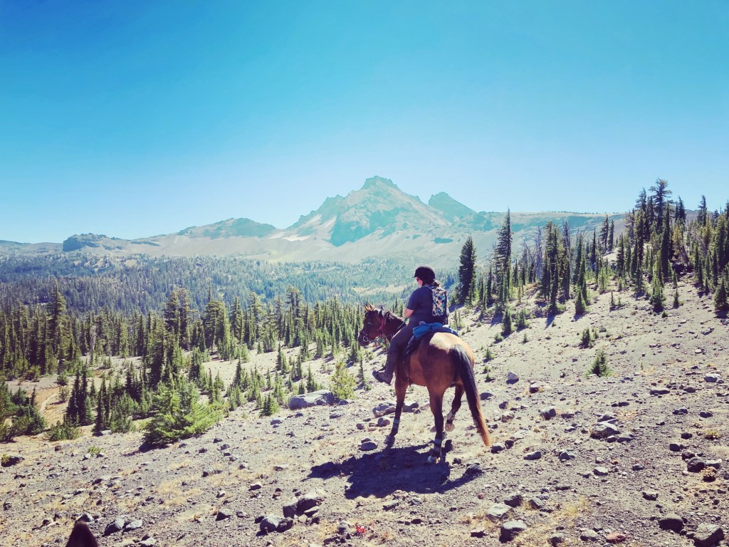 horse and girl riding in front of mountain